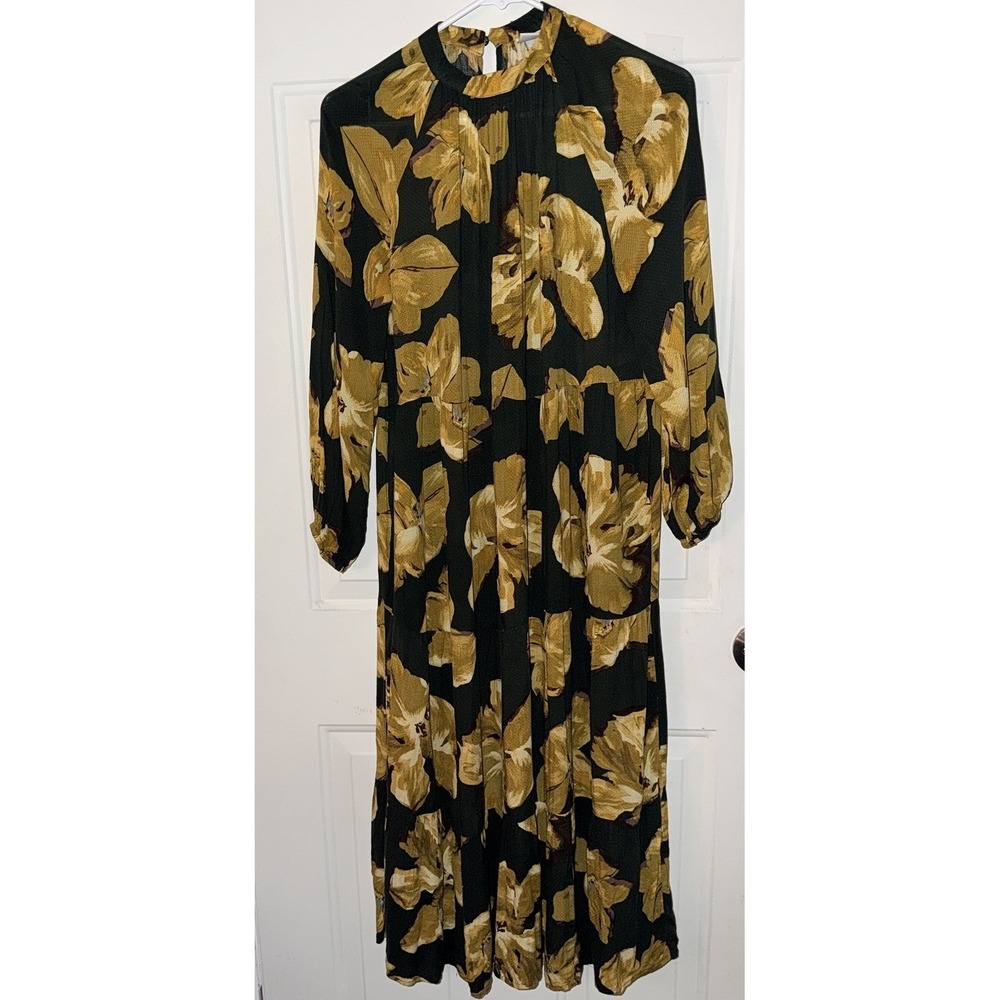 New‎ Day Floral Midi Dress XS Green Mustard Long Sleeve Mock Neck Boho